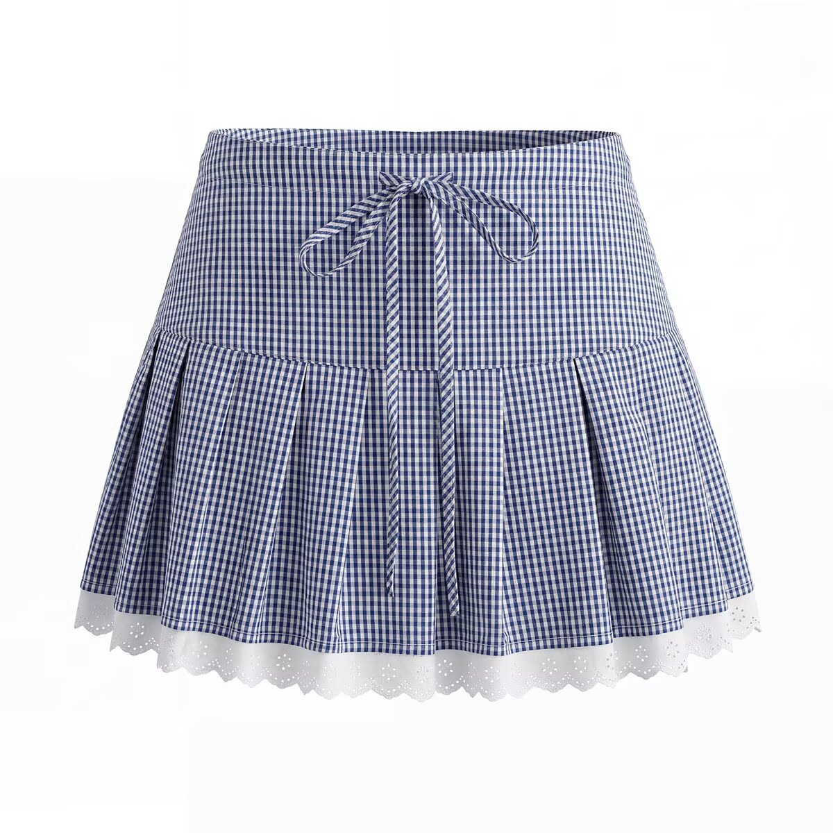 Women Elegant Blue White Fine Plaid Shirt Top Skirt Set by Ragazza