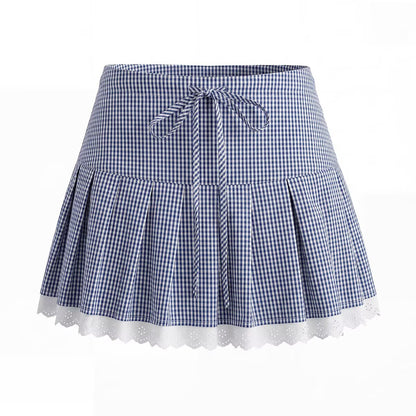 Women Elegant Blue White Fine Plaid Shirt Top Skirt Set by Ragazza