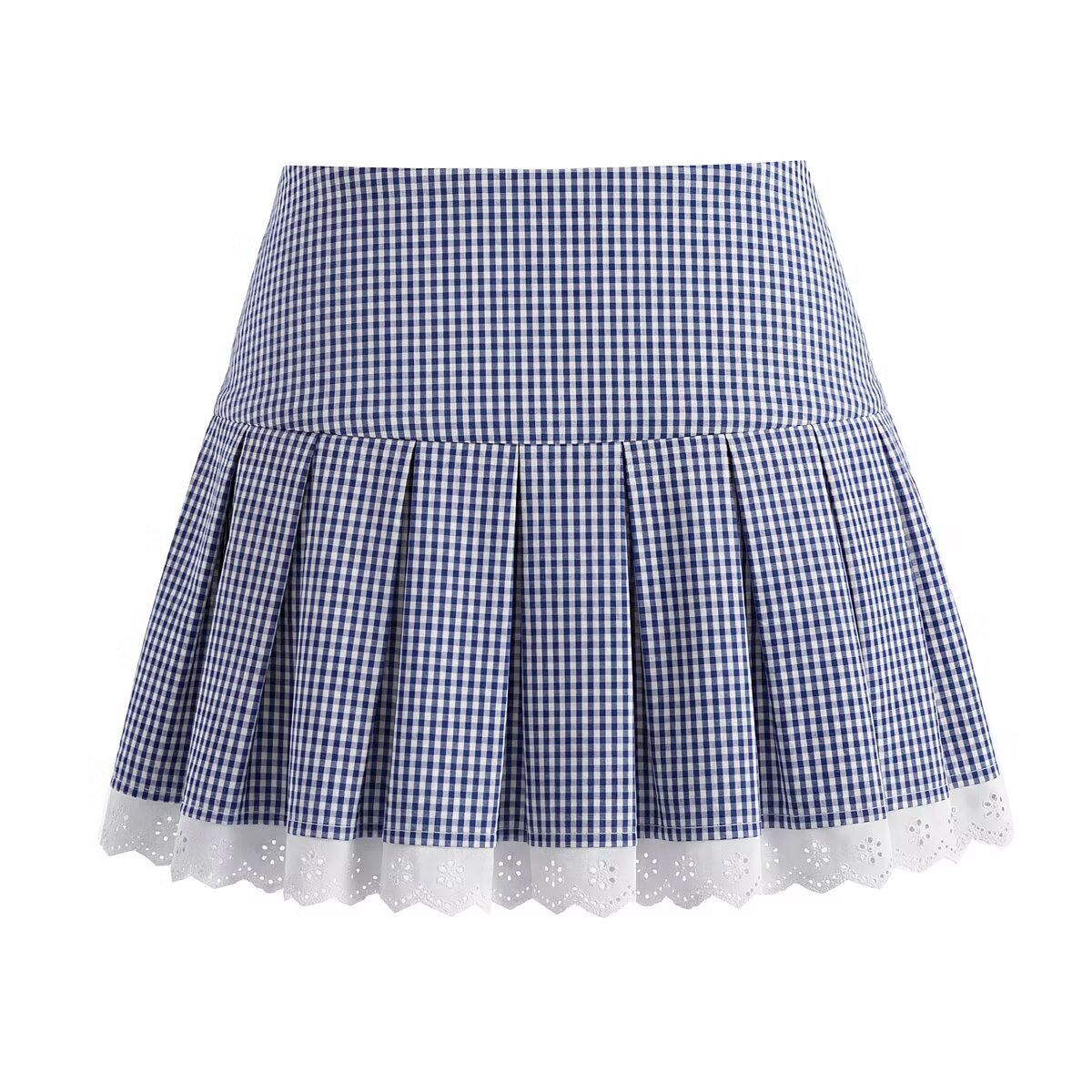 Women Elegant Blue White Fine Plaid Shirt Top Skirt Set by Ragazza