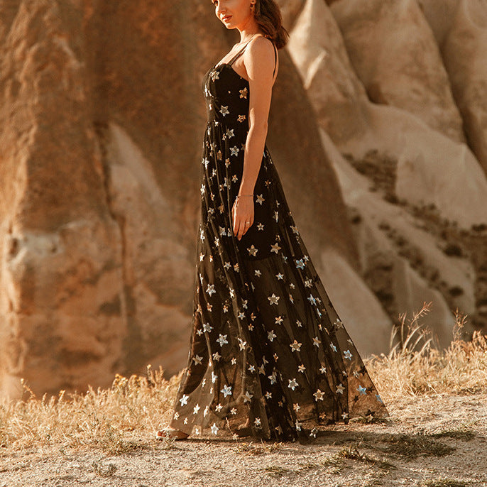 Summer Women Clothing Five Pointed Star Mesh Camisole See Through Dress Maxi Dress by Ragazza