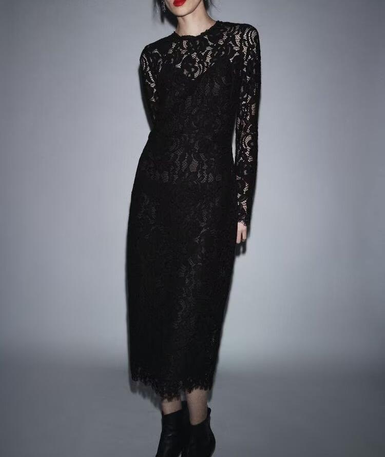 Autumn Women Clothing Fashionable Simple Black Lace Transparent Long Sleeve Dress by Ragazza