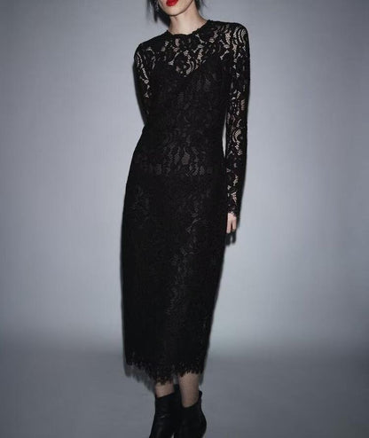 Autumn Women Clothing Fashionable Simple Black Lace Transparent Long Sleeve Dress by Ragazza