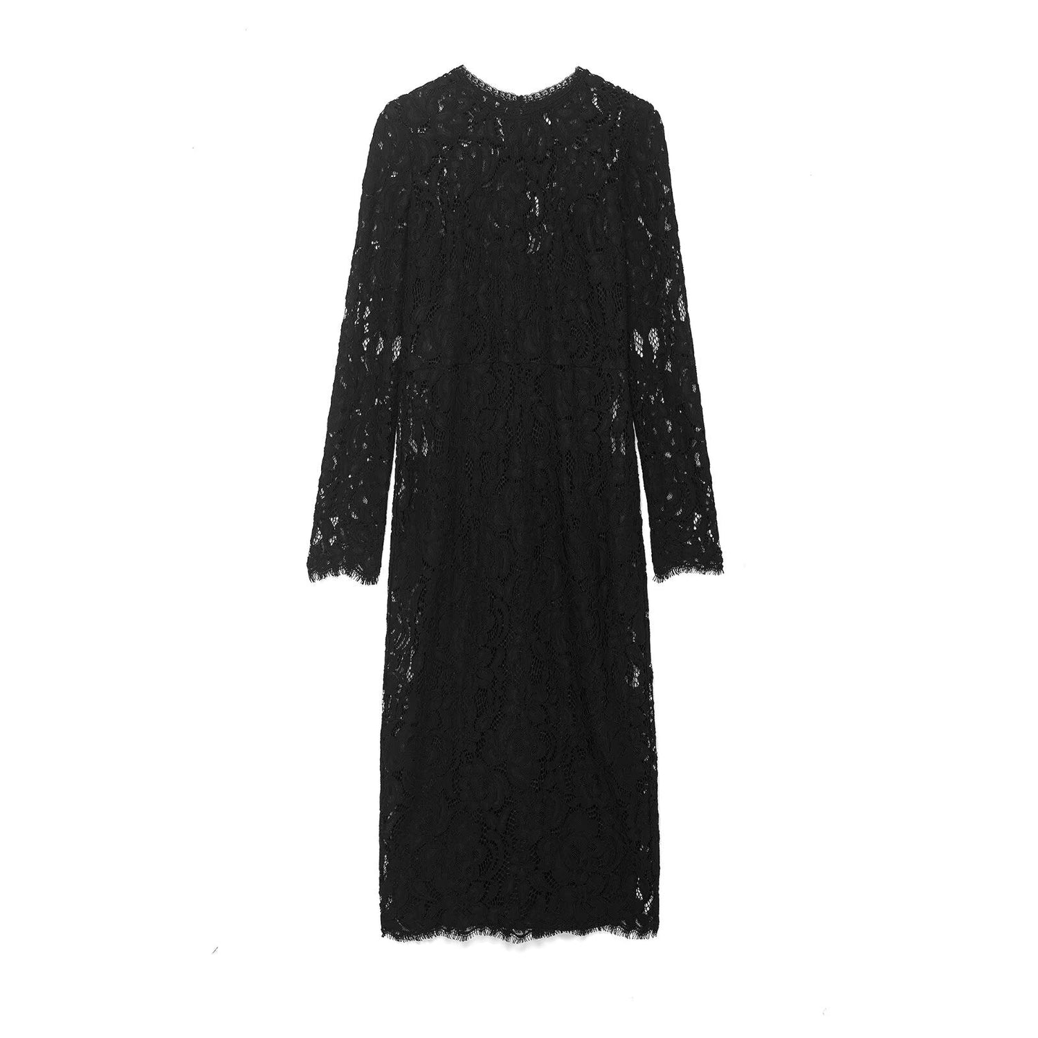 Autumn Women Clothing Fashionable Simple Black Lace Transparent Long Sleeve Dress by Ragazza