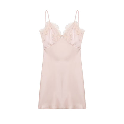 Early Spring Women Clothing Elegant Fashionable Slimming Silk Satin Lace Stitching Cami Dress by Ragazza