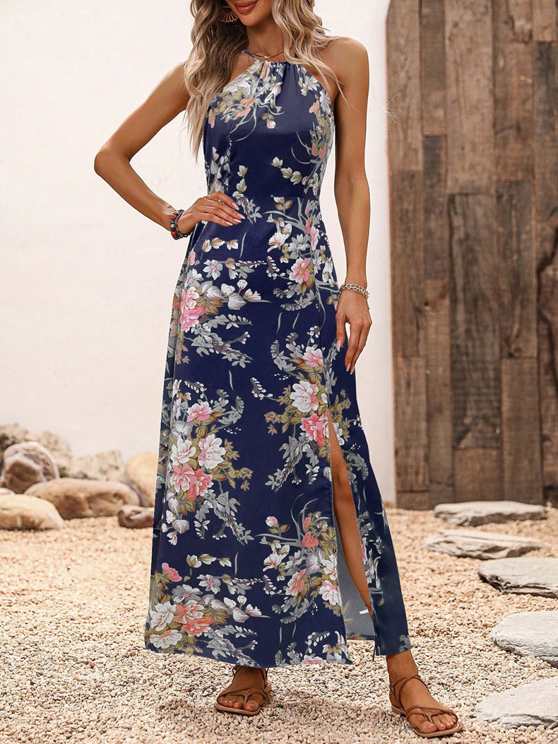 Women Clothing Japanese Summer High Waist Print Dress Vacation Split Halter Maxi Dress by Ragazza
