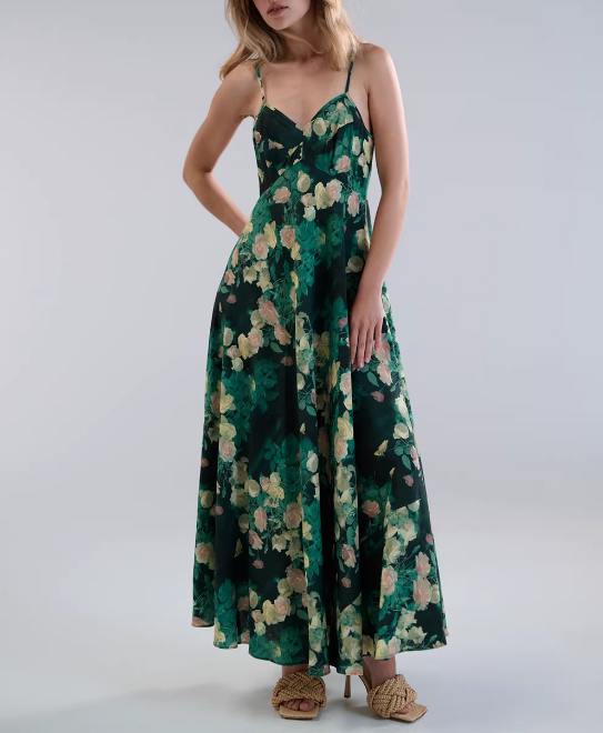 Women Clothing French Blackish Green Rose Printed Elegant Slim V neck Vacation Strap Maxi Dress by Ragazza