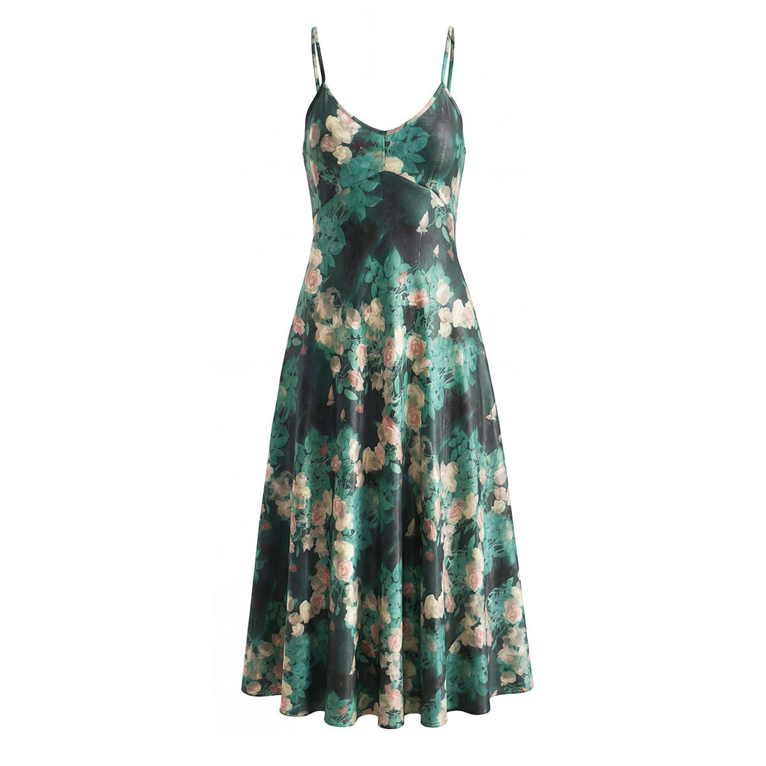 Women Clothing French Blackish Green Rose Printed Elegant Slim V neck Vacation Strap Maxi Dress by Ragazza