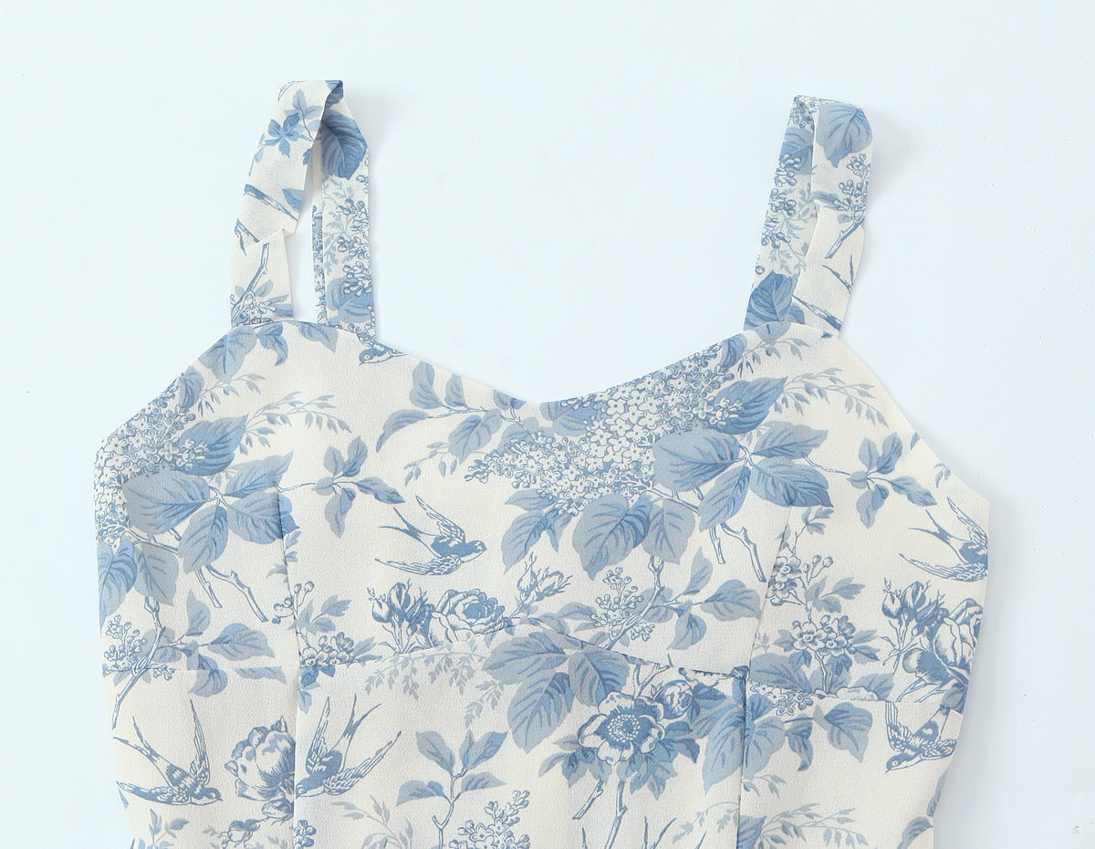 Floral Swallow Print Slim Fit Slimming Large Cami Dress for Women Spring by Ragazza