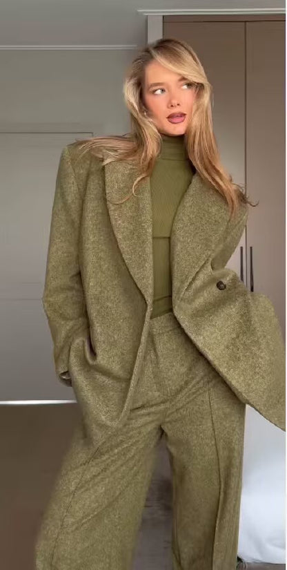 Women Clothing Spring Office One Button Blazer High Waist Wide Leg Pants by Ragazza