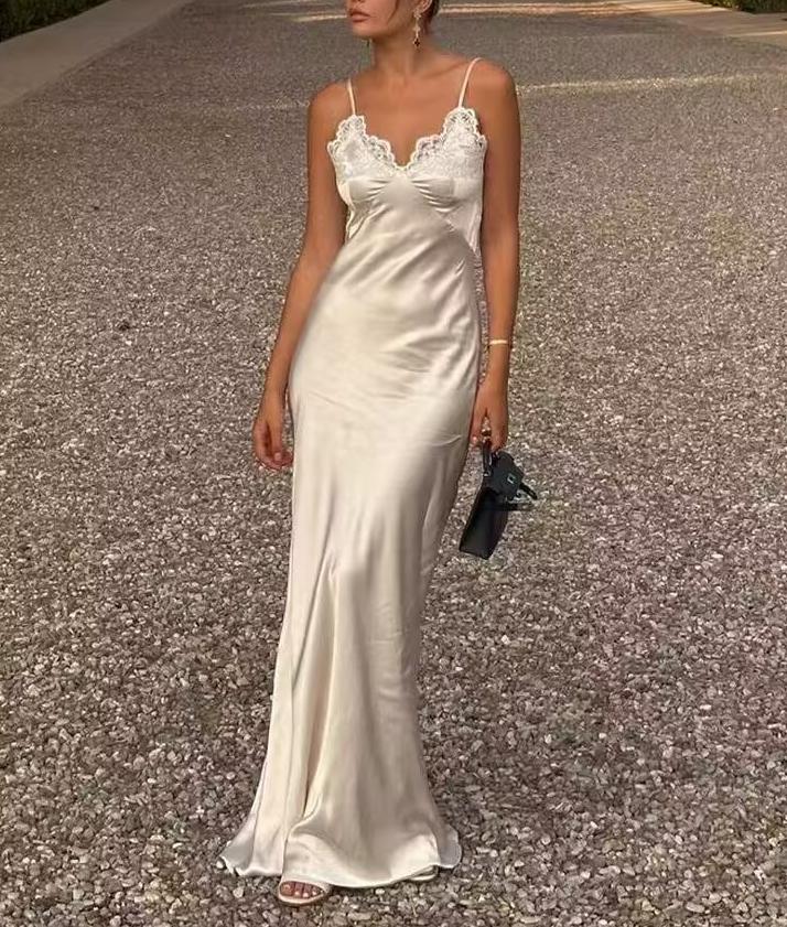 Women Clothing Spring Sexy Lace Stitching Satin Dress by Ragazza