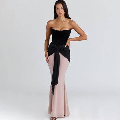 Pleated Ribbon Slim Fit High Waist Dress Sexy Wrapped Chest Waist Color Contrast Patchwork Dress by Ragazza