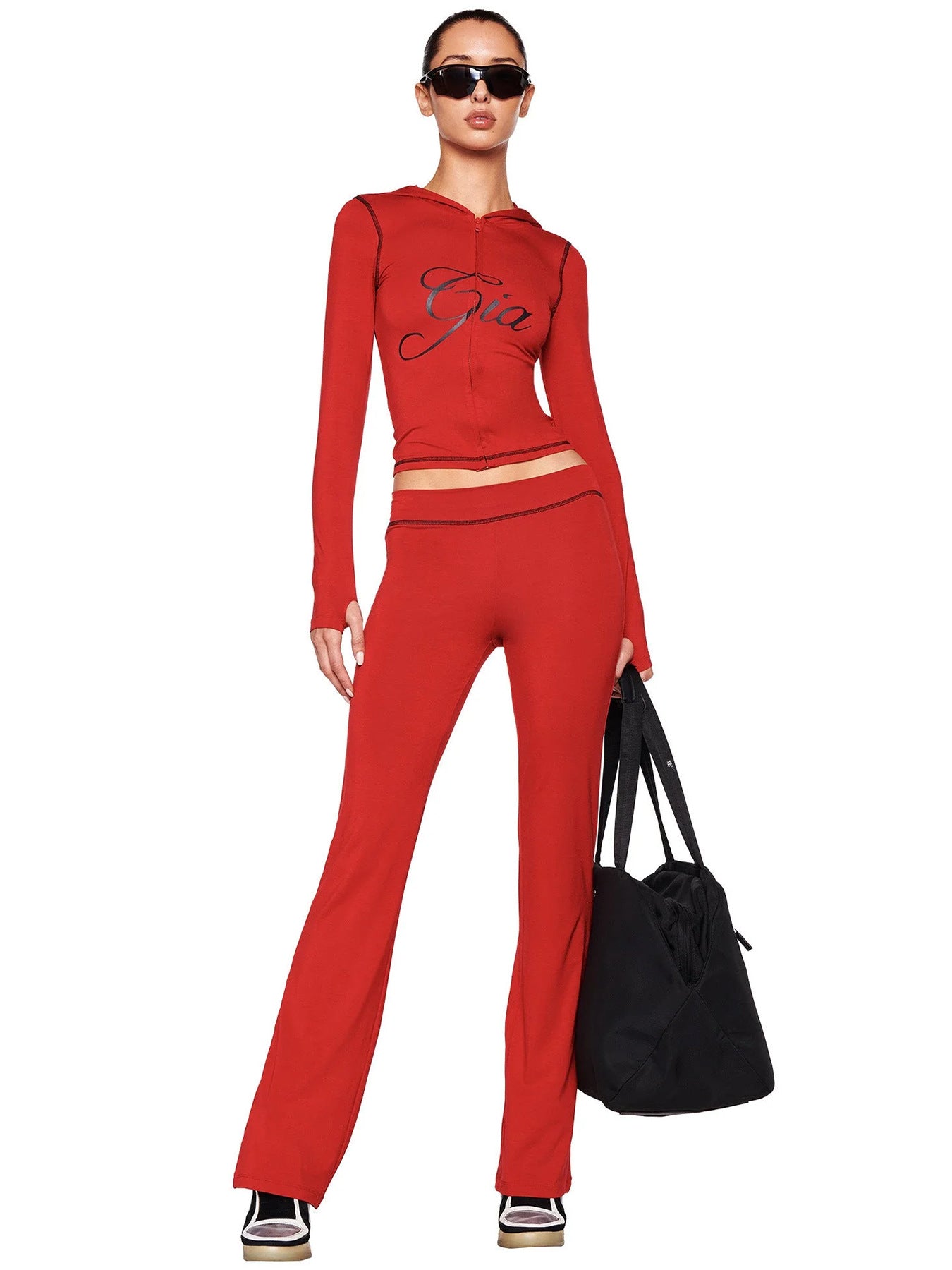 Women Wear Supply Printed Hooded Long Sleeve Thumb Hole Slightly Flared Two Piece Sets by Ragazza