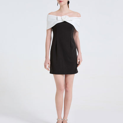 Black And White Contrast One Shoulder Dress With Three Dimensional Floral Decoration Off The Shoulder Figure Hugging And Elegant by Ragazza
