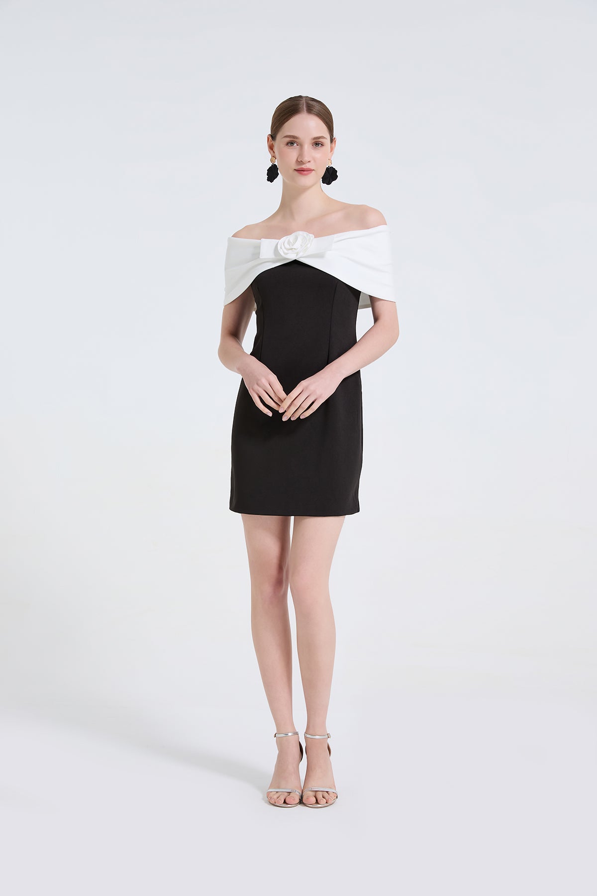 Black And White Contrast One Shoulder Dress With Three Dimensional Floral Decoration Off The Shoulder Figure Hugging And Elegant by Ragazza