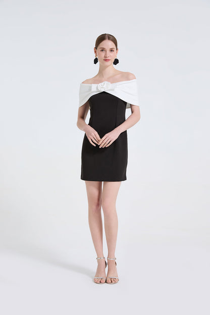 Black And White Contrast One Shoulder Dress With Three Dimensional Floral Decoration Off The Shoulder Figure Hugging And Elegant by Ragazza