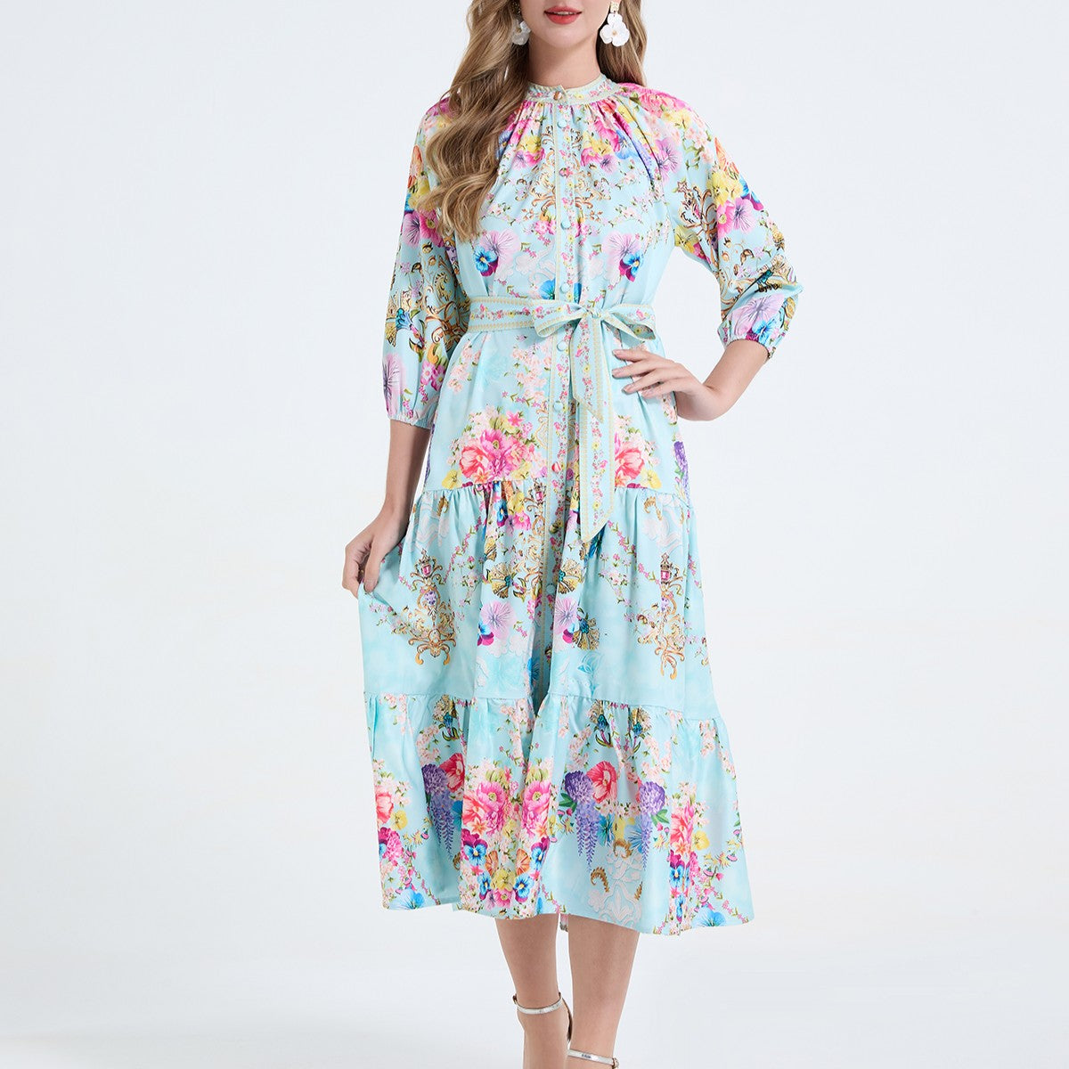 Women Printed Stand Up Collar Drawstring Waist Cinched Dress by Ragazza