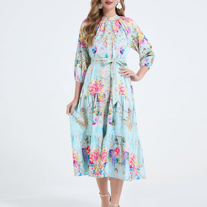 Women Printed Stand Up Collar Drawstring Waist Cinched Dress by Ragazza