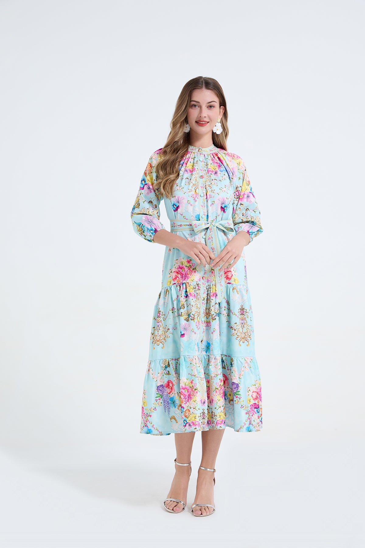 Women Printed Stand Up Collar Drawstring Waist Cinched Dress by Ragazza
