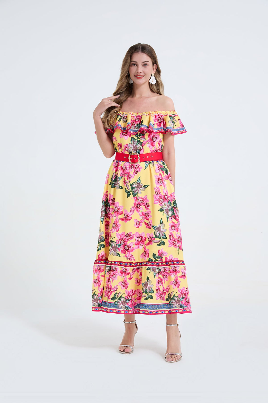 Women One Shoulder Frilled Off Shoulder Long Dress With A Slim Fit Beachy Style by Ragazza