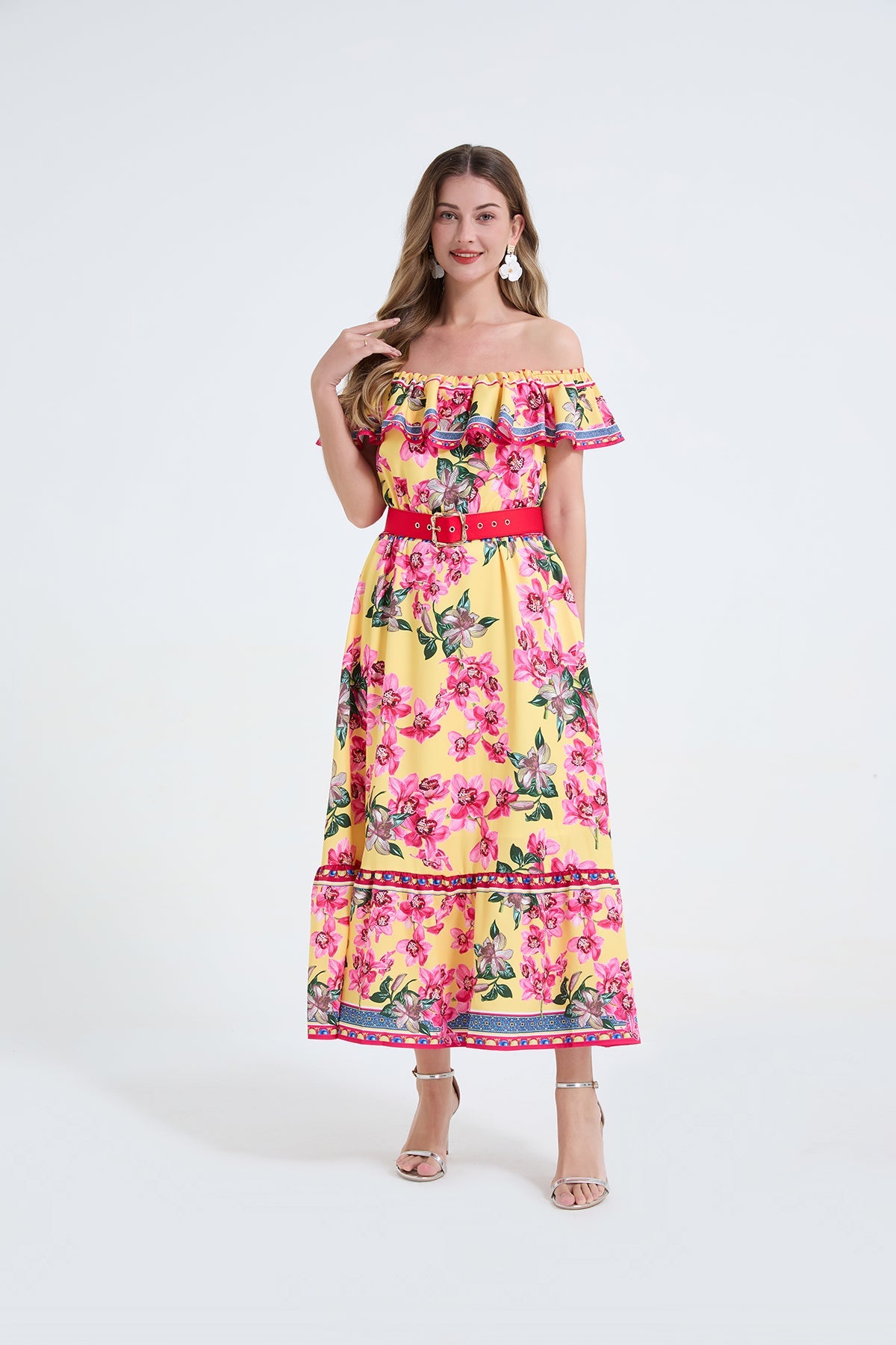 Women One Shoulder Frilled Off Shoulder Long Dress With A Slim Fit Beachy Style by Ragazza