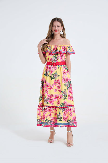 Women One Shoulder Frilled Off Shoulder Long Dress With A Slim Fit Beachy Style by Ragazza