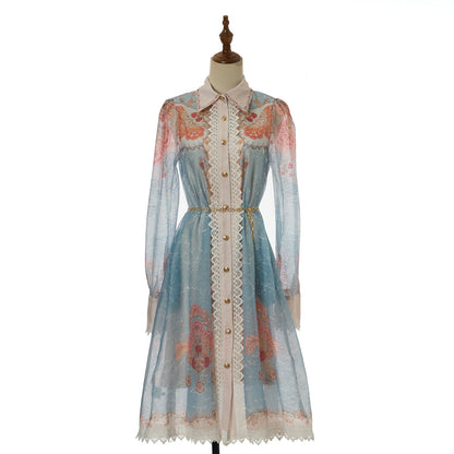 Women lace collar long sleeved belted printed blouse short Dress elegant dress by Ragazza