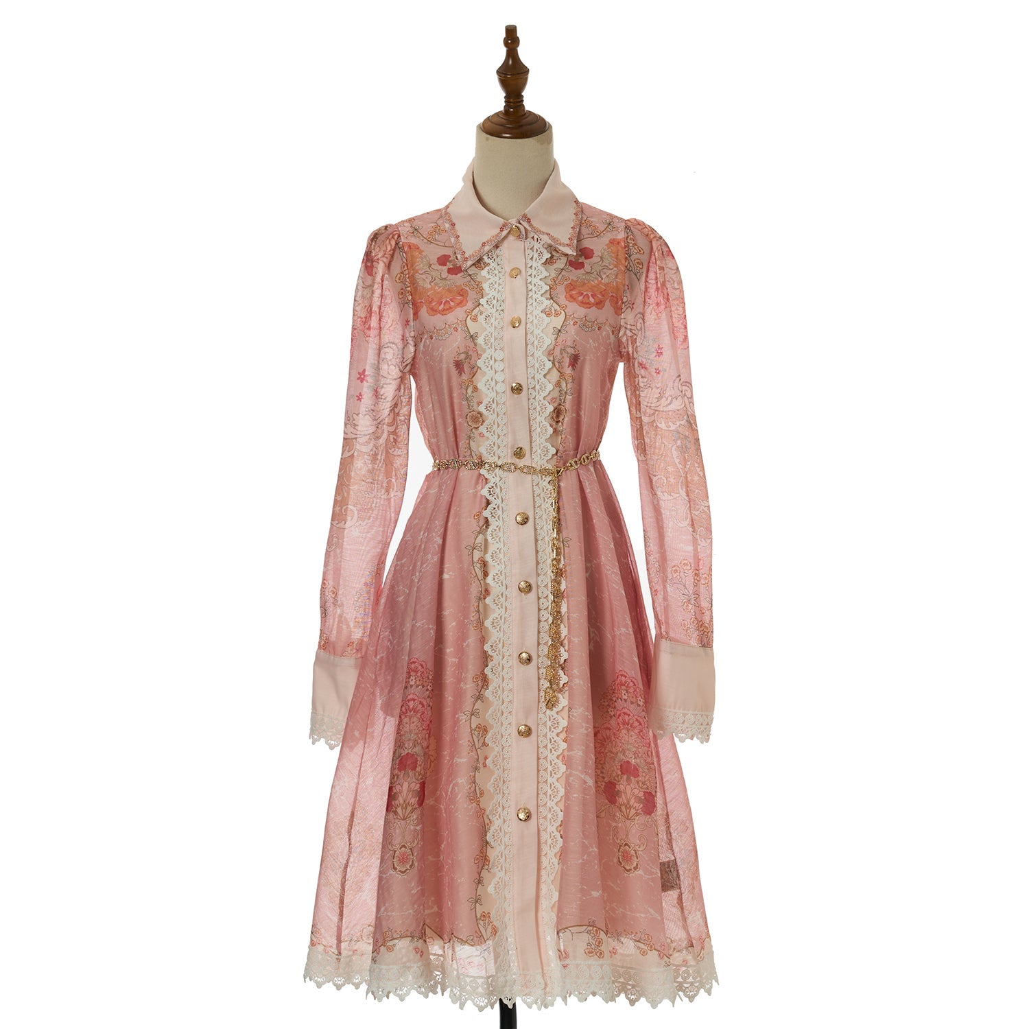 Women lace collar long sleeved belted printed blouse short Dress elegant dress by Ragazza