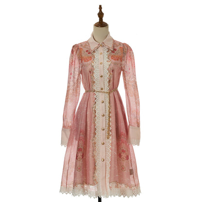 Women lace collar long sleeved belted printed blouse short Dress elegant dress by Ragazza