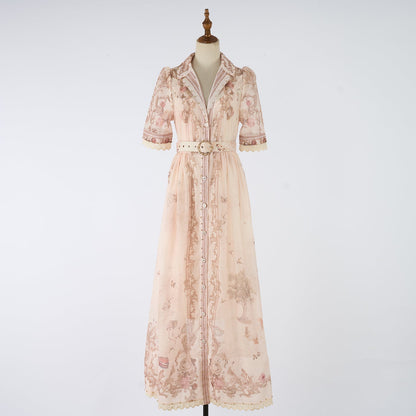 Women Autumn Print Stand Up Collar Single Button Elegant And Stylish Long Sleeved Dress by Ragazza