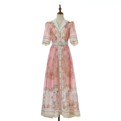 Women Autumn Print Stand Up Collar Single Button Elegant And Stylish Long Sleeved Dress by Ragazza