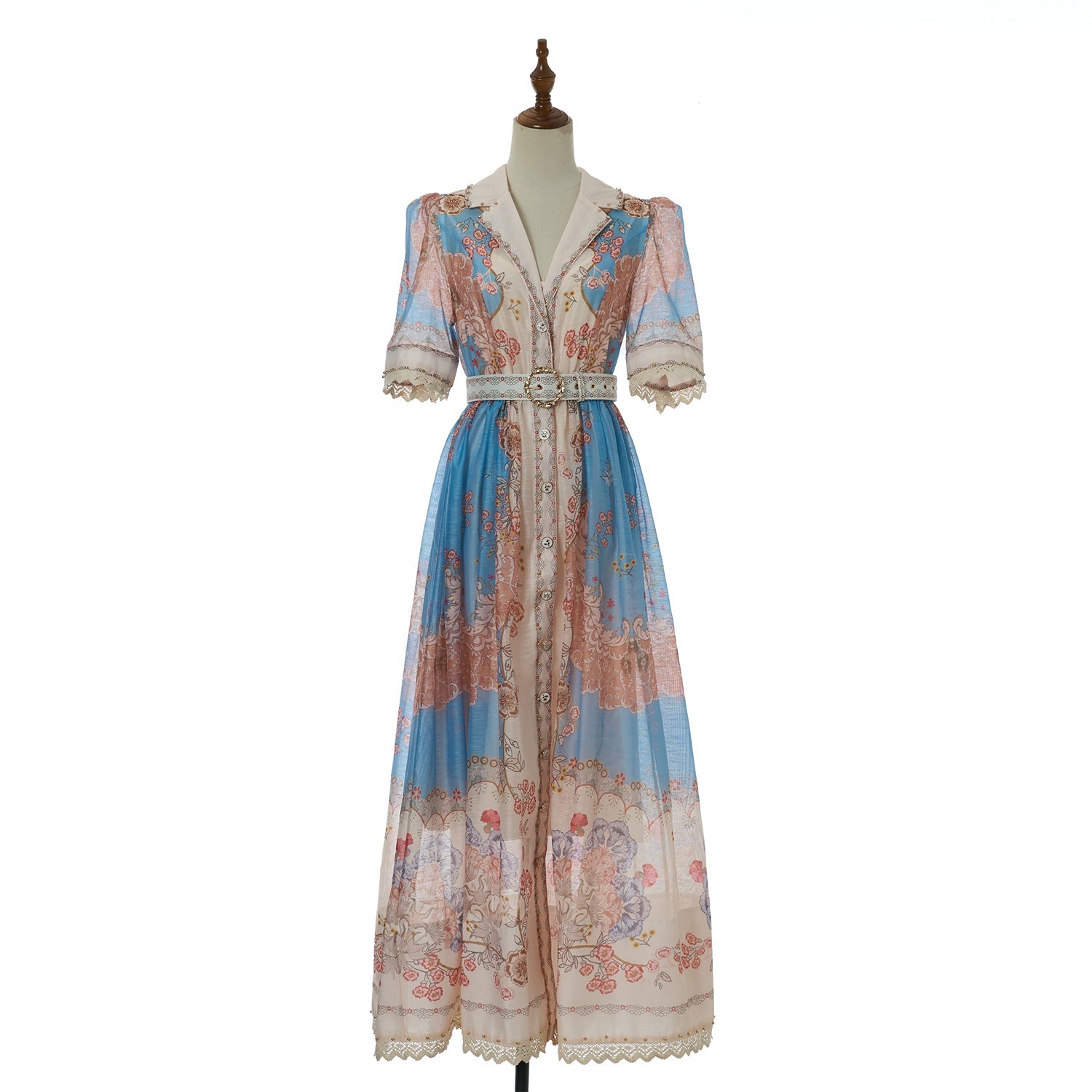 Women Autumn Print Stand Up Collar Single Button Elegant And Stylish Long Sleeved Dress by Ragazza