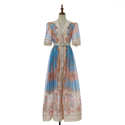 Women Autumn Print Stand Up Collar Single Button Elegant And Stylish Long Sleeved Dress by Ragazza