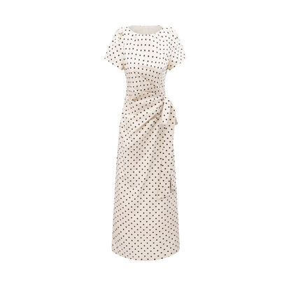 Pleated Lace up Waist Trimming Short Sleeved Dress Summer Slim Fit Maxi Dress by Ragazza