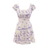 Early Spring Fresh White Background Floral Square Collar Short Sleeve Lace up Waist Controlled Dress by Ragazza