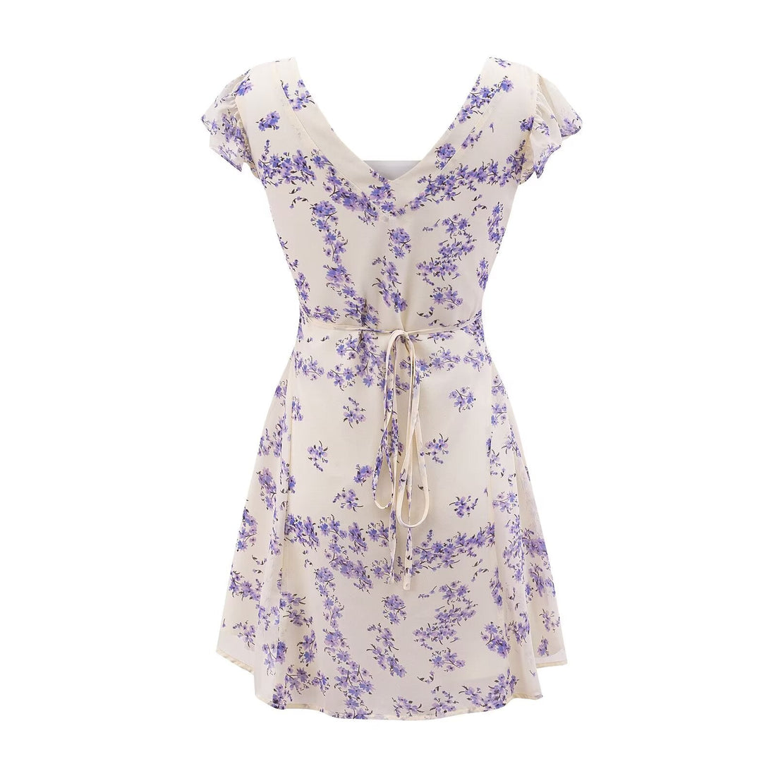 Early Spring Fresh White Background Floral Square Collar Short Sleeve Lace up Waist Controlled Dress by Ragazza