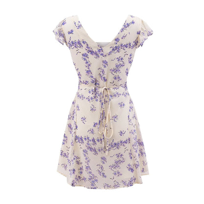 Early Spring Fresh White Background Floral Square Collar Short Sleeve Lace up Waist Controlled Dress by Ragazza