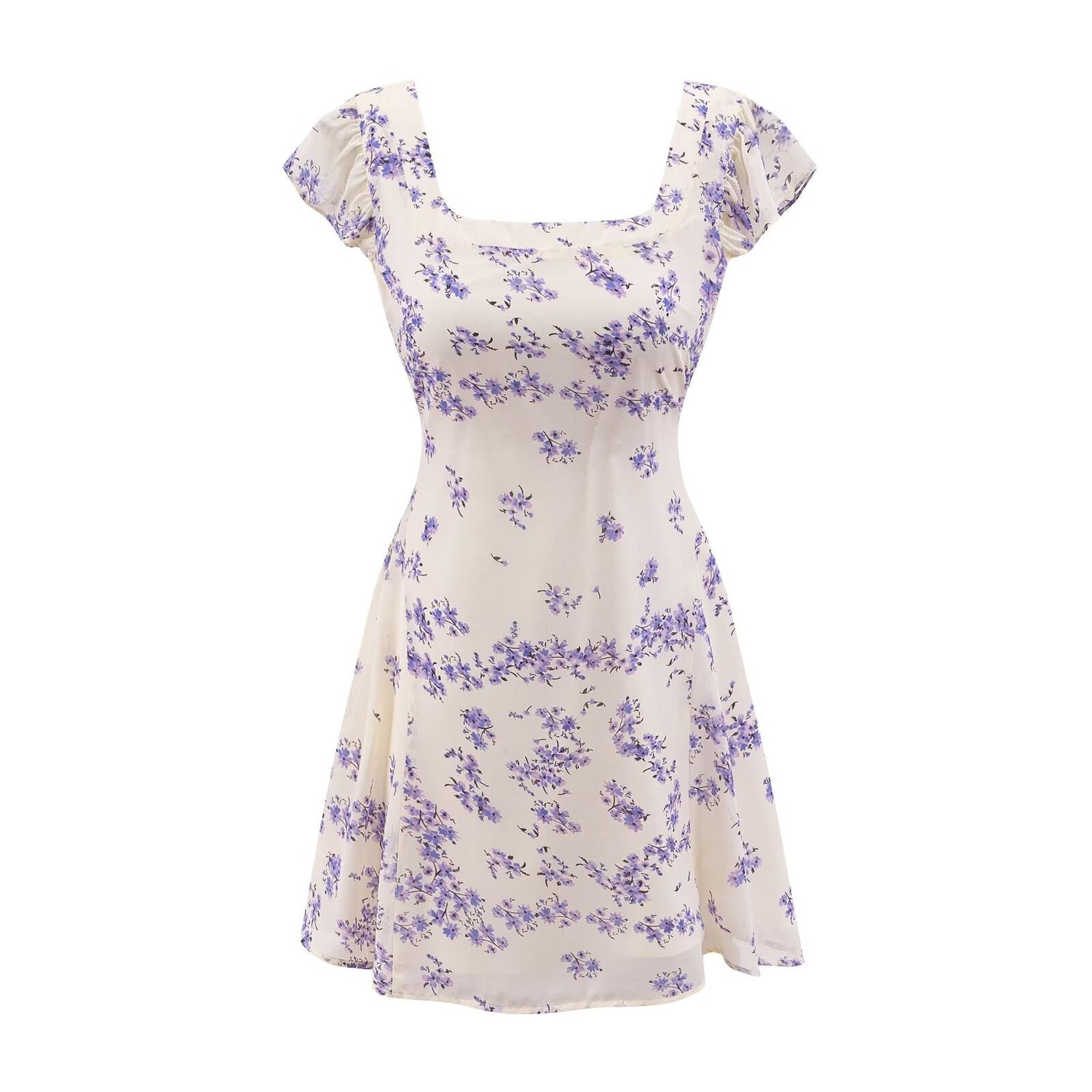 Early Spring Fresh White Background Floral Square Collar Short Sleeve Lace up Waist Controlled Dress by Ragazza