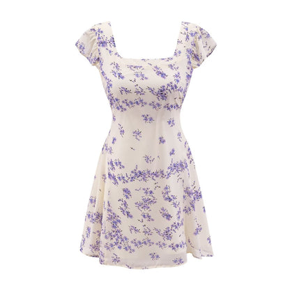 Early Spring Fresh White Background Floral Square Collar Short Sleeve Lace up Waist Controlled Dress by Ragazza