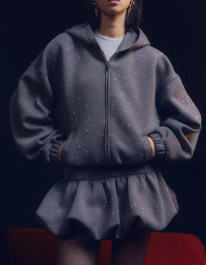 Women Clothing at Spring Concise Gray Flash Point Hooded Jacket with Skirt Two Piece Sets by Ragazza