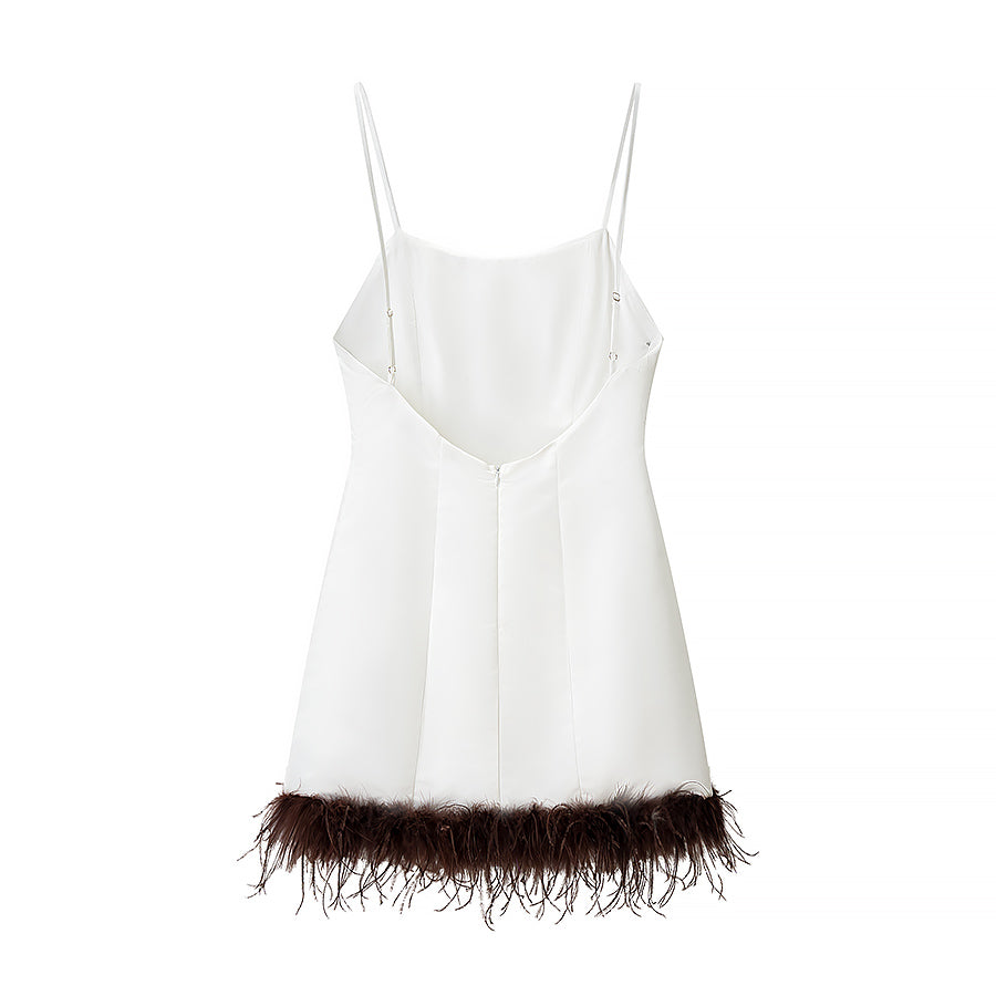 Women Clothing Summer Feather Silk Satin Texture Short Strap Dress by Ragazza
