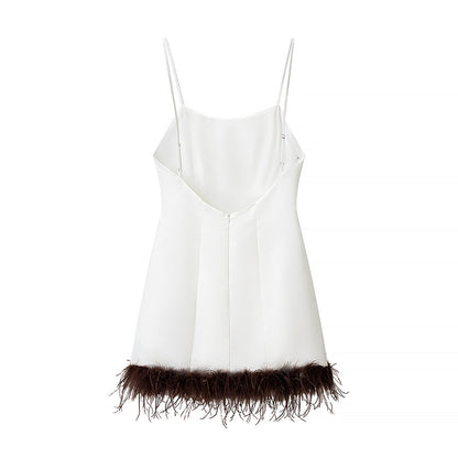Women Clothing Summer Feather Silk Satin Texture Short Strap Dress by Ragazza