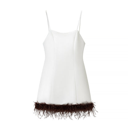 Women Clothing Summer Feather Silk Satin Texture Short Strap Dress by Ragazza