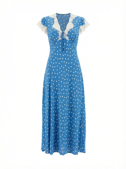 Autumn Women Elegant V Collar Polka Dot Lace Stitching Dress by Ragazza