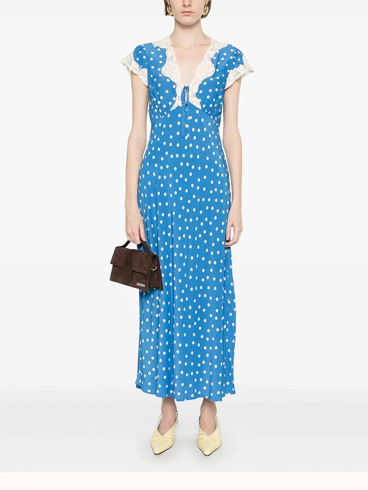 Autumn Women Elegant V Collar Polka Dot Lace Stitching Dress by Ragazza