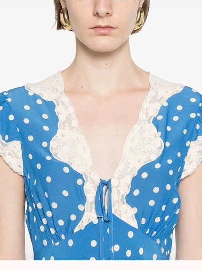 Autumn Women Elegant V Collar Polka Dot Lace Stitching Dress by Ragazza