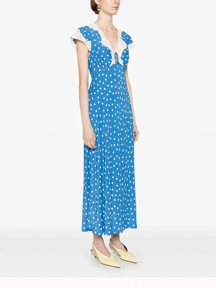 Autumn Women Elegant V Collar Polka Dot Lace Stitching Dress by Ragazza
