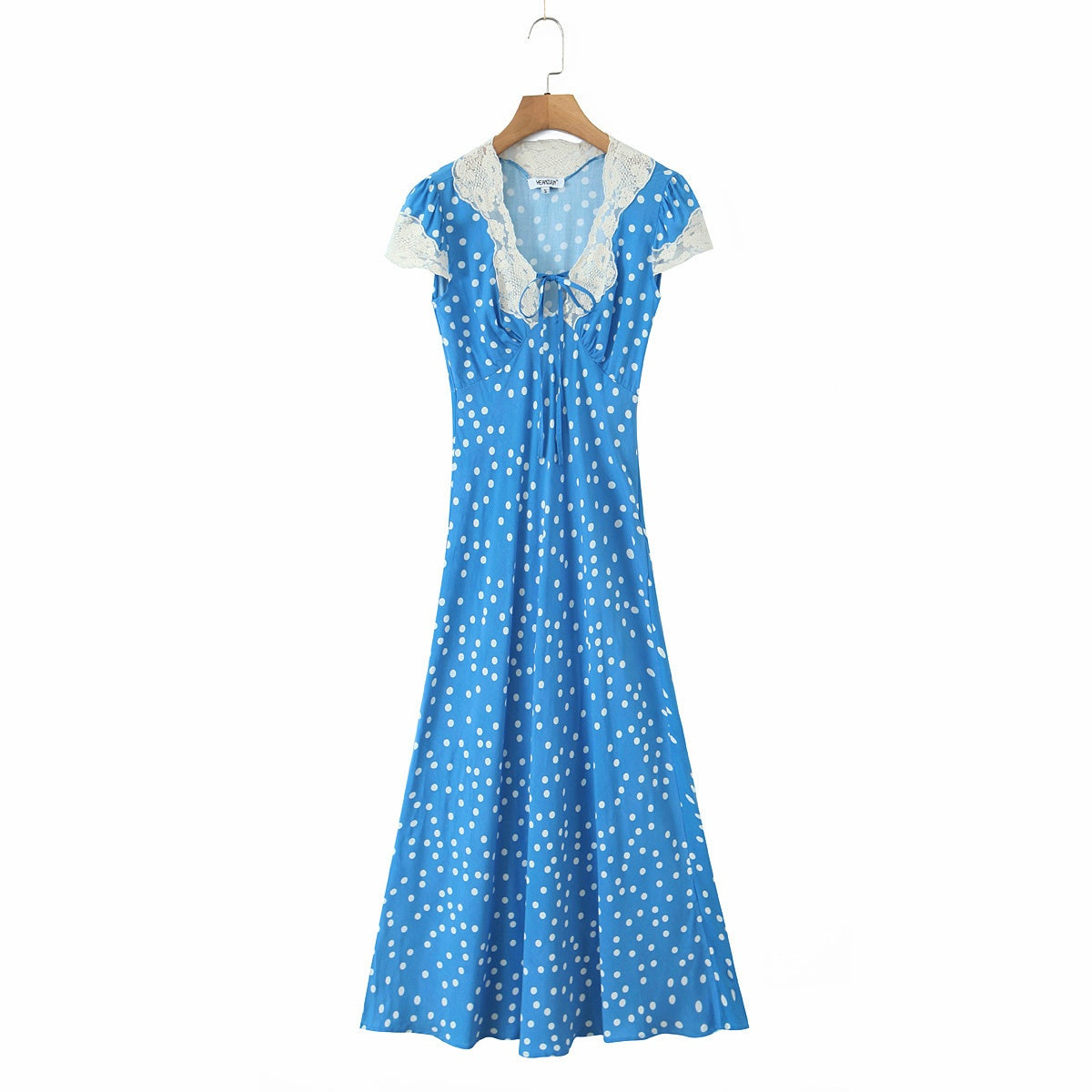 Autumn Women Elegant V Collar Polka Dot Lace Stitching Dress by Ragazza