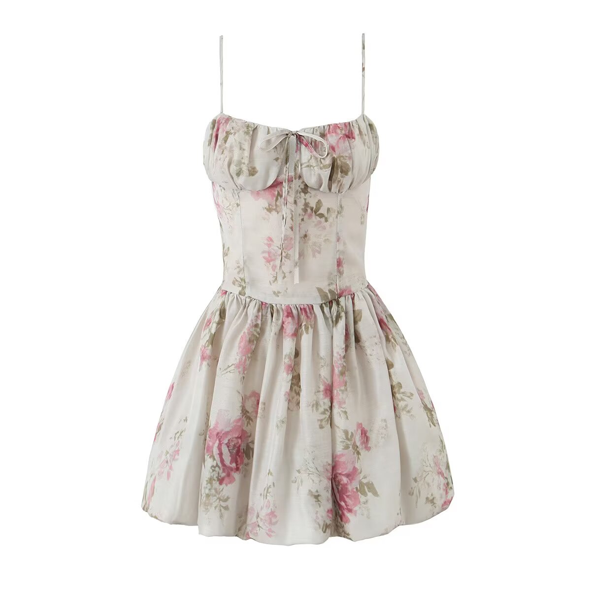 French Floral Strap Dress for Women Summer Sexy Holiday Slim Fit Slimming Cinched Short Dress by Ragazza