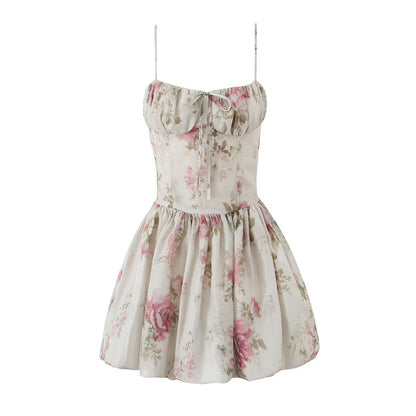 French Floral Strap Dress for Women Summer Sexy Holiday Slim Fit Slimming Cinched Short Dress by Ragazza