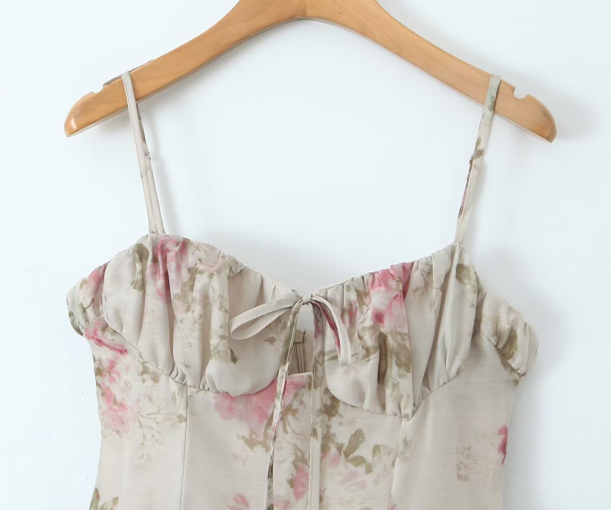 French Floral Strap Dress for Women Summer Sexy Holiday Slim Fit Slimming Cinched Short Dress by Ragazza